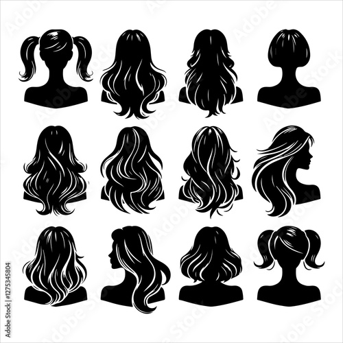 Set of women wigs hairstyle silhouette vector.  Variety female hairstyles vector illustration