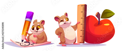 Cute cartoon hamster characters with school supplies - drawing pet with oversized pencil, smiling rodent measuring red apple with wooden ruler. Adorable educational illustrations for children design.