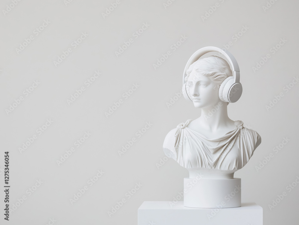 Modern Headphones Transform Classic Greek Sculpture: A Striking Fusion of Ancient Aesthetics and Contemporary Culture, Inviting Reflection on Evolving Style and Expression. Modern Headphones Transform Classic Greek Sculpture: A Striking Fusion of Ancient Aesthetics and Contemporary Culture, Inviting Reflection on Evolving Style and Expression.
