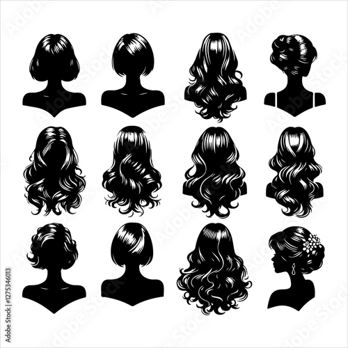 Set of women wigs hairstyle silhouette vector.  Variety female hairstyles vector illustration