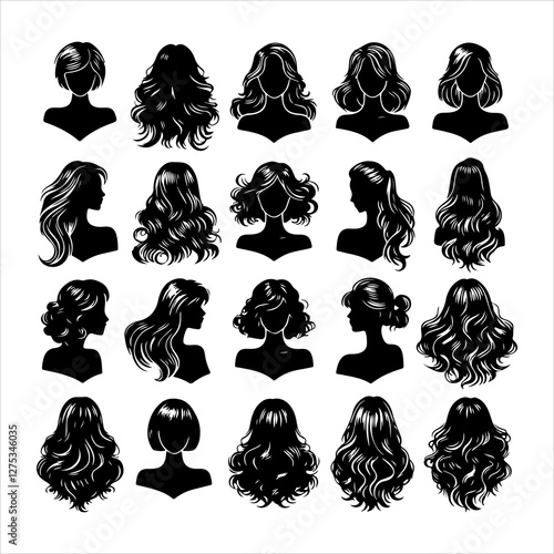 Set of women wigs hairstyle silhouette vector.  Variety female hairstyles vector illustration