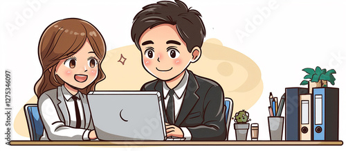 Cartoon business people working together on  laptop 