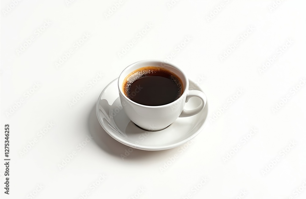 Black coffee in white cup on white saucer. Cup with hot drink, caffeine. Morning espresso, energy beverage. Food photography with aromatic invigorating drink. Black coffee in white cup on white saucer. Cup with hot drink, caffeine. Morning espresso, energy beverage. Food photography with aromatic invigorating drink.