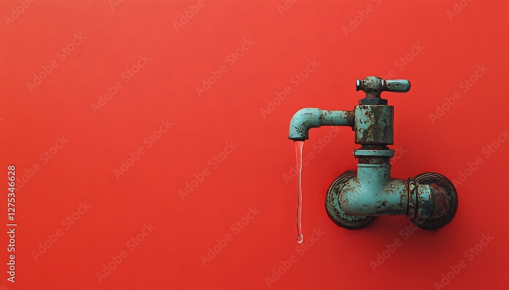 Rusty faucet leaks on red background Rusty faucet leaks on red background
