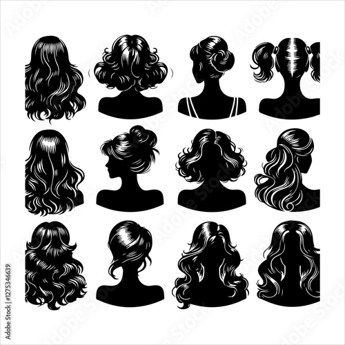 Set of women wigs hairstyle silhouette vector.  Variety female hairstyles vector illustration
