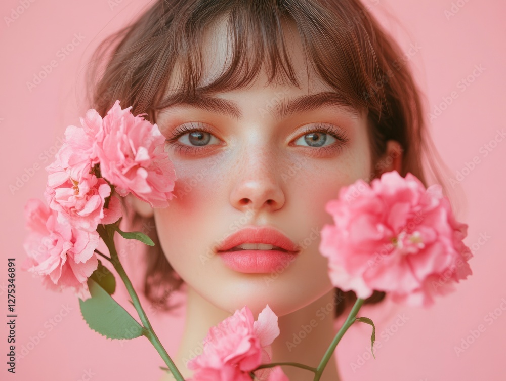 Captivating Portrait of a Young Woman Embracing Feminine Power Surrounded by Delicate Pink Flowers in a Dreamy Setting Captivating Portrait of a Young Woman Embracing Feminine Power Surrounded by Delicate Pink Flowers in a Dreamy Setting