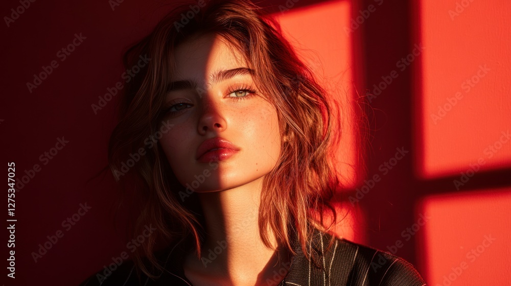 Captivating Feminine Portrait in Warm Red Light with Striking Shadows and Realistic Details Captivating Feminine Portrait in Warm Red Light with Striking Shadows and Realistic Details