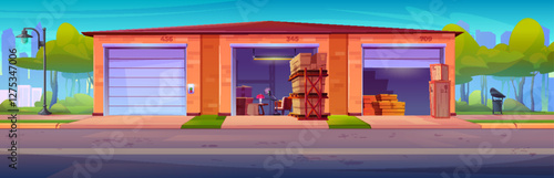 Self storage facility exterior - three rental units with numbered doors, stacked boxes and stuff, shelving garages. Modern building surrounded by green landscape, street lamp, city silhouette.