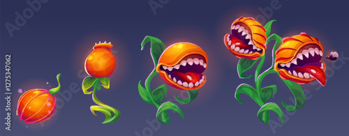 Growth stages of carnivorous monster plant - glowing orange bud evolving into scary fanged predator flowers. Progressive development sequence with sharp teeth, leafy stems for fantasy game design.