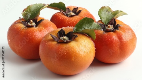 Five fresh persimmons with dew drops on a white isolated background. Generative AI