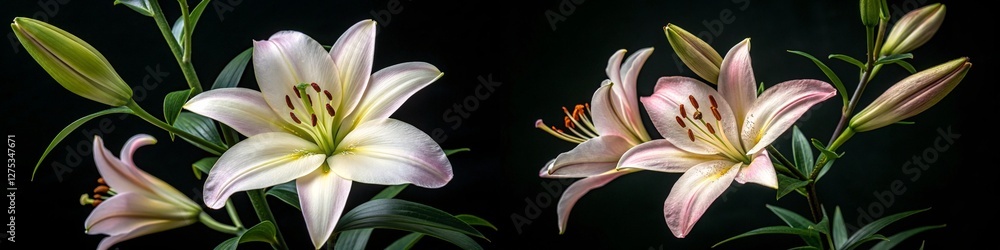 Fototapeta premium Elegant lilies in soft hues, showcasing delicate petals and lush greenery.