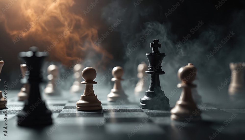 Chess battle with black king surrounded by white pieces on chessboard. Smoke floats over the board. Queen beats king, leadership, power concept. Competition, success in business. Chess battle with black king surrounded by white pieces on chessboard. Smoke floats over the board. Queen beats king, leadership, power concept. Competition, success in business.