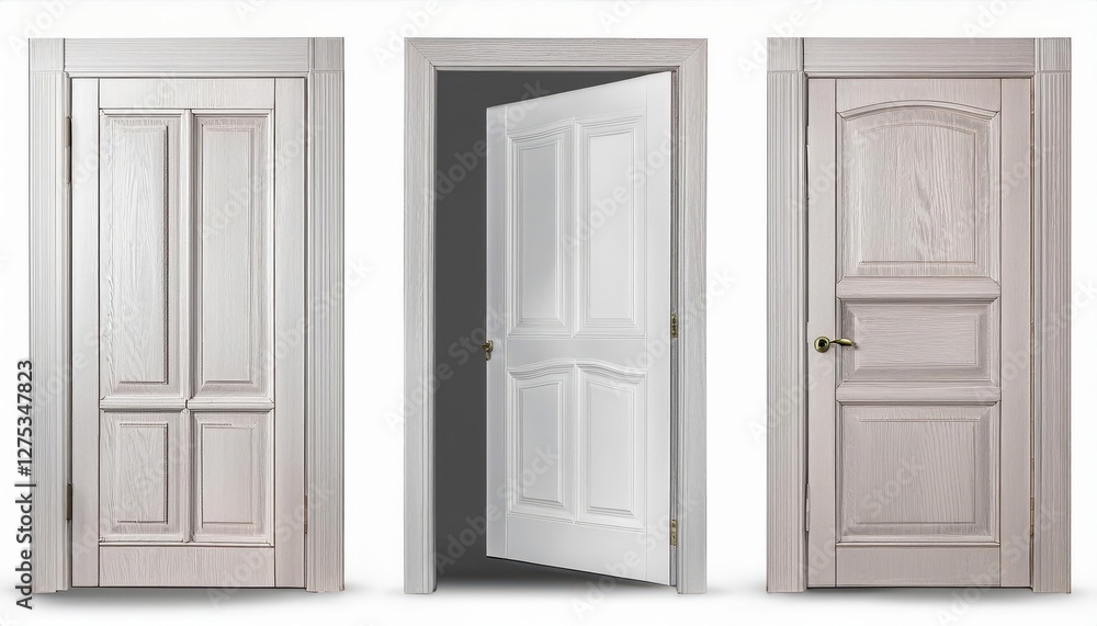 Isolated Vector Doors in Front View White Opened and Closed Doors Bathed in Soft Light, Striking a Balance Between Minimalism and Dramatic Flair on a Pristine White Background. Isolated Vector Doors in Front View White Opened and Closed Doors Bathed in Soft Light, Striking a Balance Between Minimalism and Dramatic Flair on a Pristine White Background.