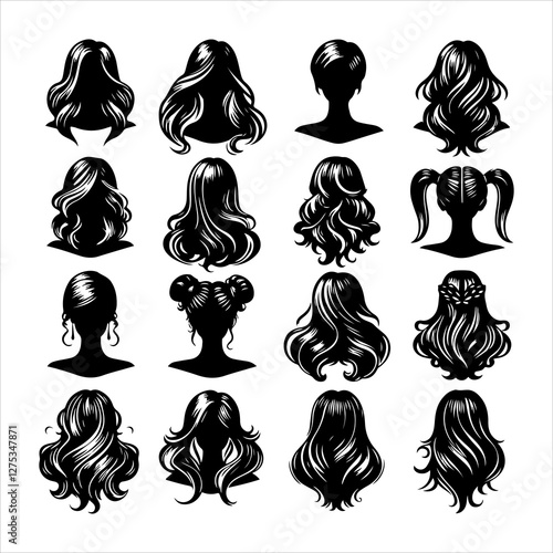Set of women wigs hairstyle silhouette vector.  Variety female hairstyles vector illustration