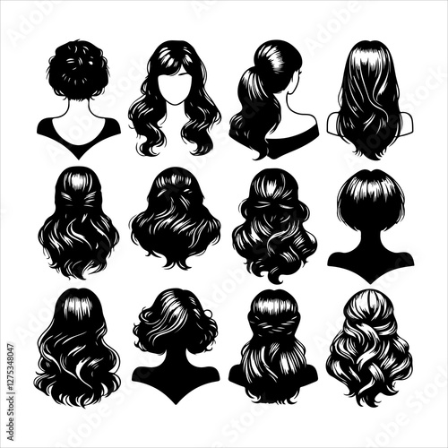 Set of women wigs hairstyle silhouette vector.  Variety female hairstyles vector illustration