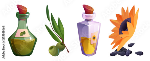 Plant oil bottles set isolated on white background. Vector cartoon illustration of glass jars with sunflower blossom and seeds, olive extract and green branch, organic food product, healthy condiment