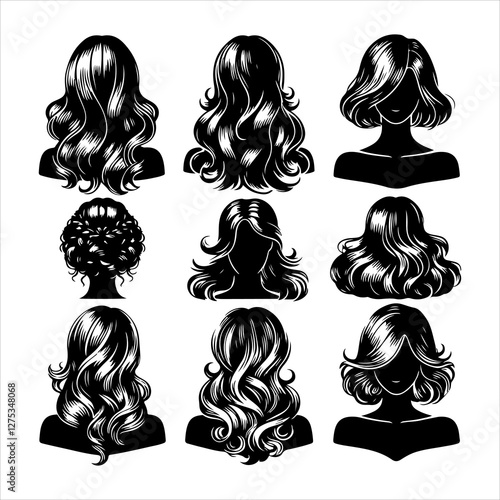 Set of women wigs hairstyle silhouette vector.  Variety female hairstyles vector illustration