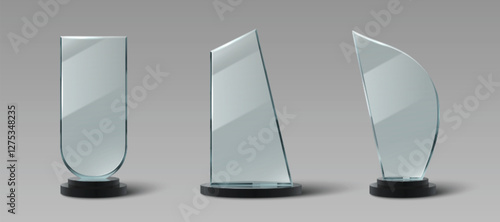 Glass trophy collection with transparent awards, black base stands, minimalist geometric shapes. Realistic 3d crystal acrylic prizes for corporate achievements, competitions, ceremonies designs.