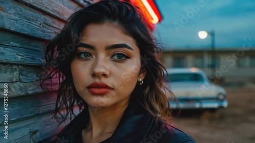 Edgy and confident woman posing near an old car at a small-town motel, illuminated by neon glow. A moody and stylish scene blending retro vibes with modern fashion. Video made using generative AI.