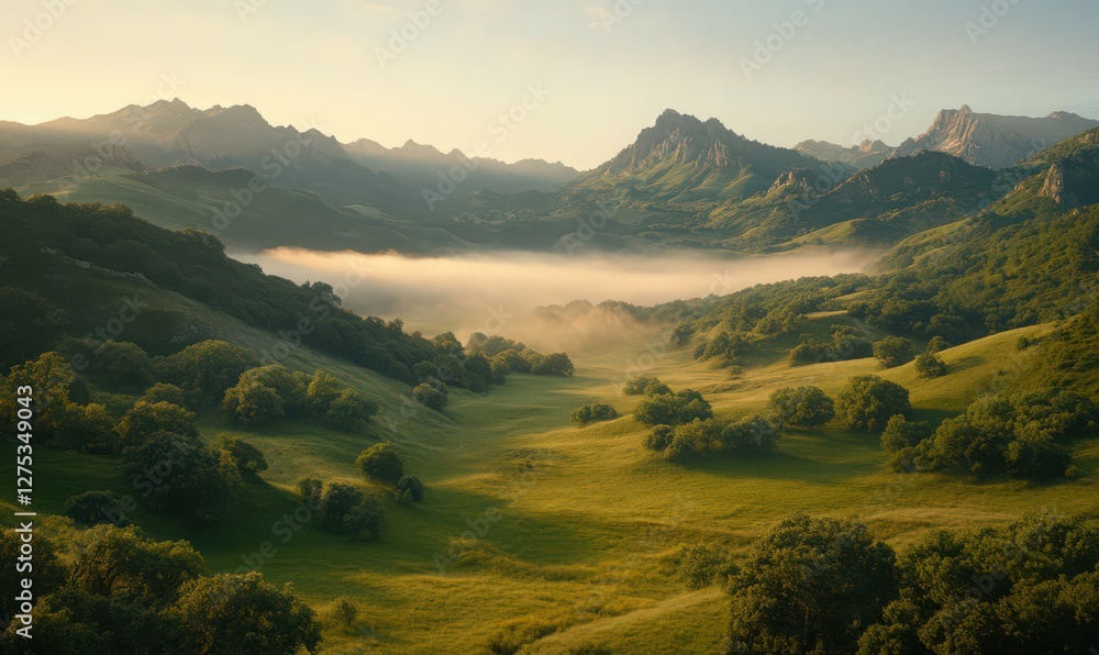 Fototapeta premium Misty Valley Sunrise Golden Light on Rolling Green Hills