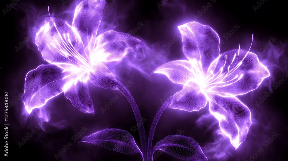 Obraz premium Glowing Purple Lilies in Smoky Darkness