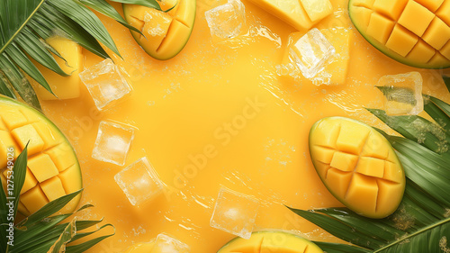 A dynamic summer background featuring sliced mangoes with juice splashes, surrounded by tropical leaves and ice cubes. The center remains clear for text, with a bright, sunny gradient blending yellow 