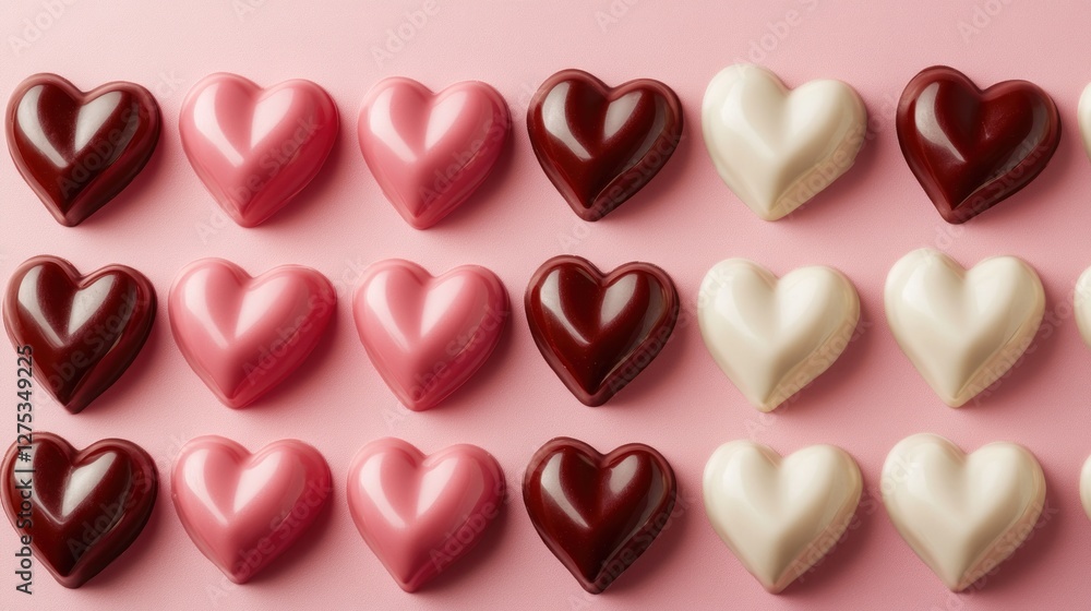 Fototapeta premium Rows of pink, white, and dark chocolate heart-shaped candies on pink background.