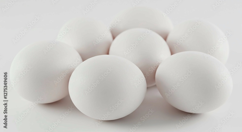 A group of seven fresh, white eggs, with their natural matte finish, is presented in a clean and minimalist composition A group of seven fresh, white eggs, with their natural matte finish, is presented in a clean and minimalist composition