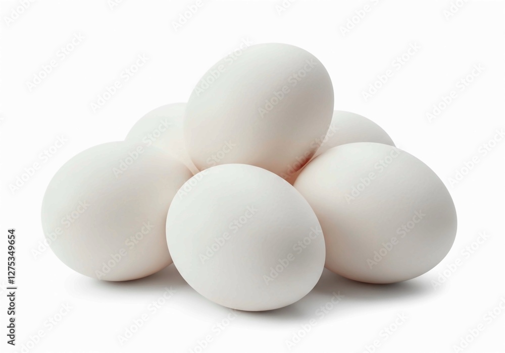 Seven white eggs, with their smooth texture and natural look, are grouped together in a simple composition Seven white eggs, with their smooth texture and natural look, are grouped together in a simple composition