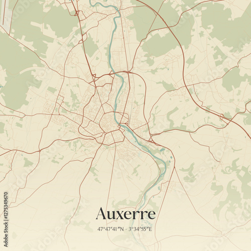 Vintage map of Auxerre, France.