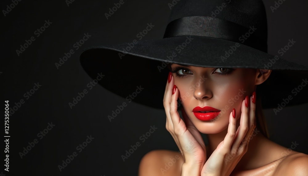 Close-up of glamorous woman with bright red lips and nails in black hat on dark background. Stylish portrait of elegance, sophistication, fashion, beauty. Chic look. Close-up of glamorous woman with bright red lips and nails in black hat on dark background. Stylish portrait of elegance, sophistication, fashion, beauty. Chic look.