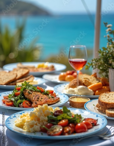 Wallpaper Mural Dining table filled food in greek restaurant. Grilled fish, scrambled eggs, cherry tomato salad, cheese, bread near wine glass. Sea view with island and blue sky. Torontodigital.ca
