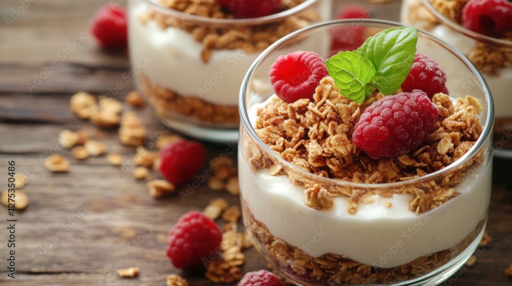 Delicious Granola Parfait with Yogurt and Raspberries Healthy Breakfast or Snack Delicious Granola Parfait with Yogurt and Raspberries Healthy Breakfast or Snack