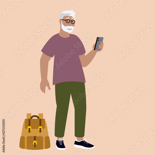 Photos Older bearded man wearing eyeglasses holding a smartphone in right hand and looking at it