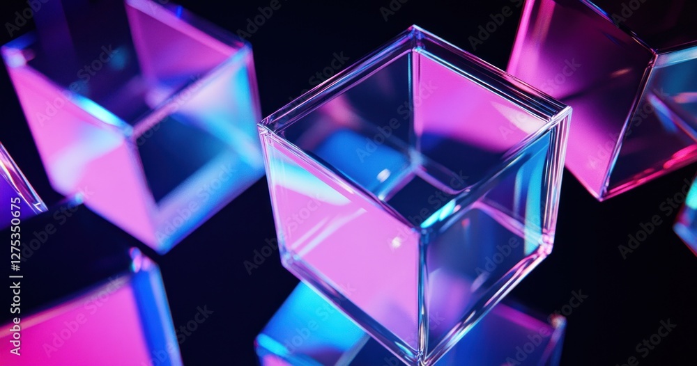 Abstract neon glass cubes floating in dark space. Abstract neon glass cubes floating in dark space.