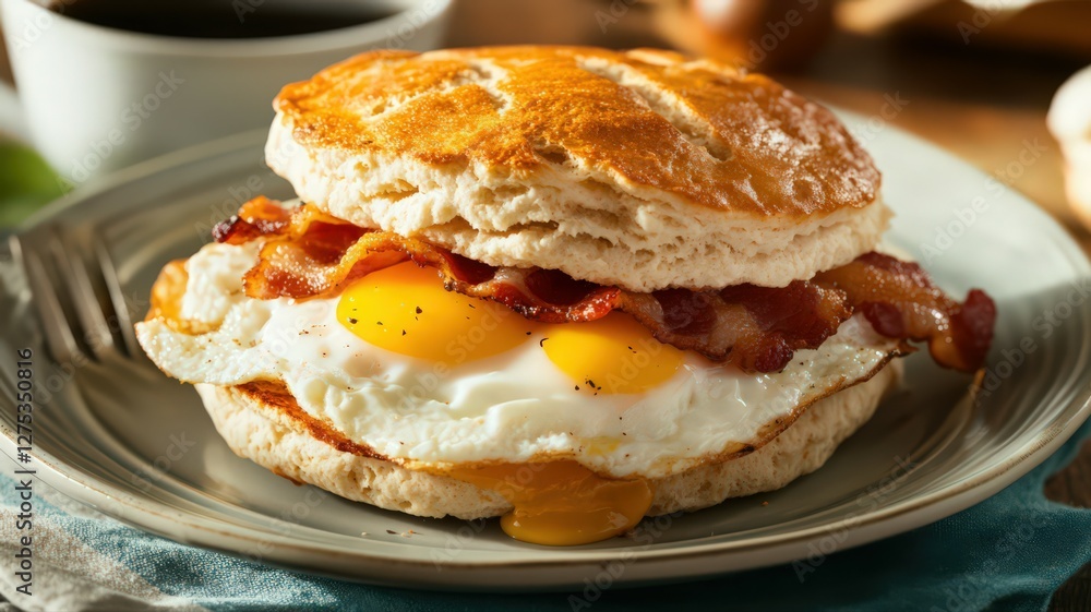 Crispy Bacon and Runny Egg Breakfast Biscuit Sandwich Crispy Bacon and Runny Egg Breakfast Biscuit Sandwich