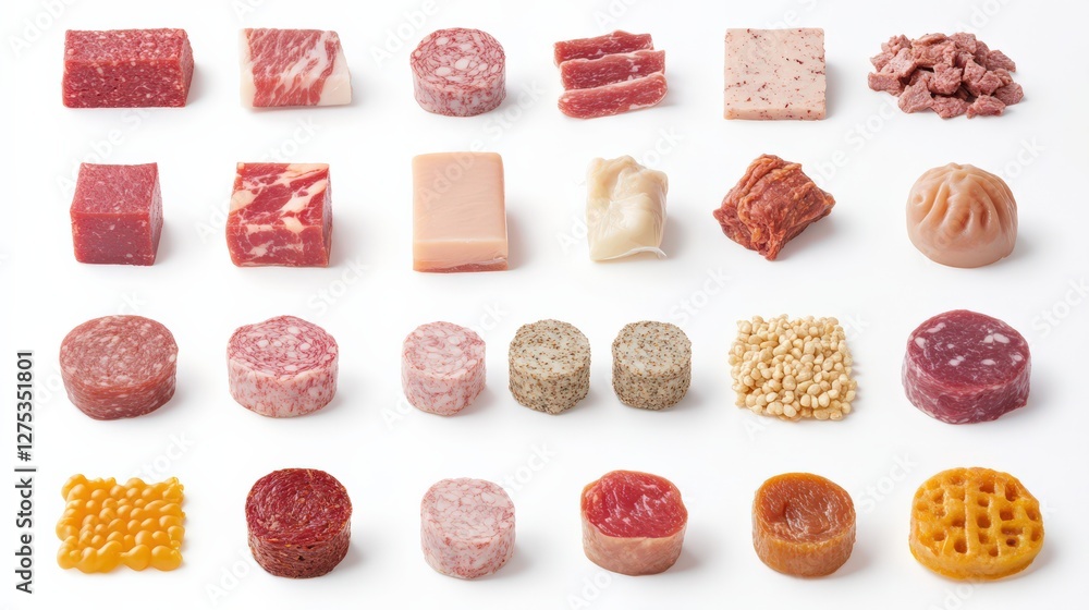 A variety of fresh meat cuts and processed meats arranged neatly on a white background A variety of fresh meat cuts and processed meats arranged neatly on a white background