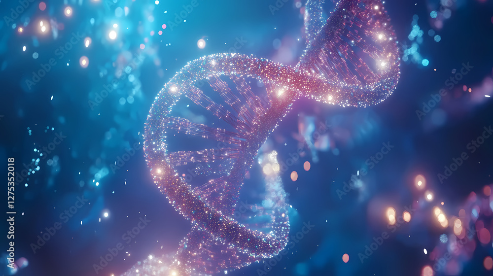 Dynamic DNA Molecule with Glowing Dots against a Blue and Purple Gradient Background Dynamic DNA Molecule with Glowing Dots against a Blue and Purple Gradient Background