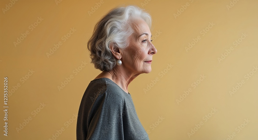 Elderly Caucasian woman in plain yellow background gray skirt side view portrait Elderly Caucasian woman in plain yellow background gray skirt side view portrait