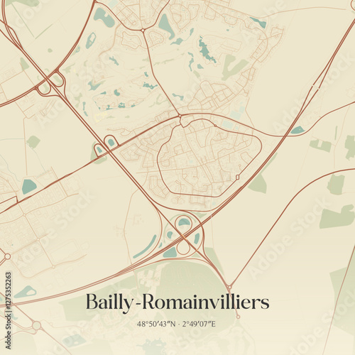 Vintage map of Bailly-Romainvilliers, France.