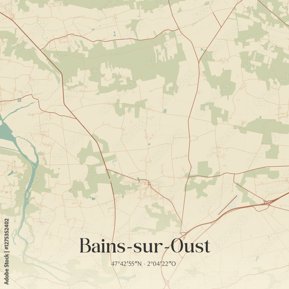Fototapeta premium Vintage map of Bains-sur-Oust, France.