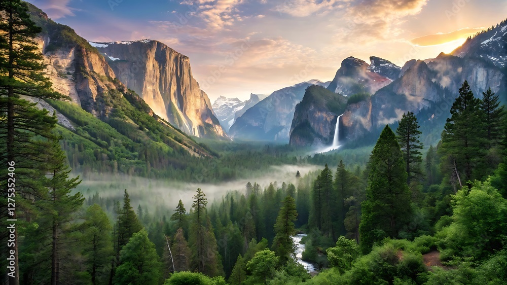 Obraz premium Majestic Mountain Landscape with Waterfall and Lush Forest