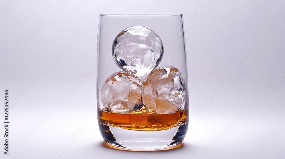 Glass of Whiskey with Ice Balls on Light Background