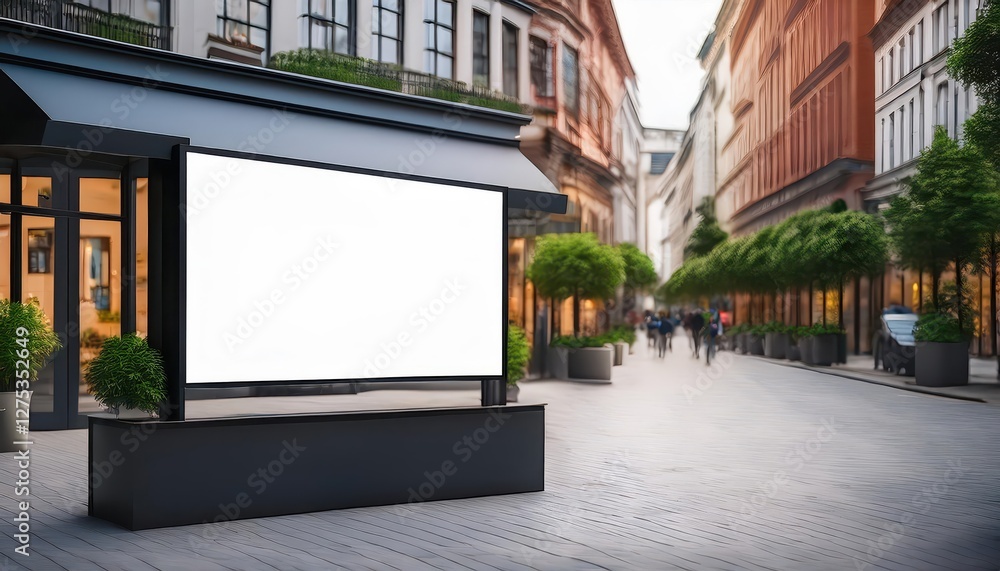 Striking Signboard Mockup with an Empty Frame, Ideal for Urban Branding or Design Inspiration, Showcasing a Clean and Minimalist City Shop Exterior Striking Signboard Mockup with an Empty Frame, Ideal for Urban Branding or Design Inspiration, Showcasing a Clean and Minimalist City Shop Exterior