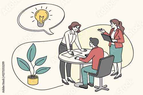 Business illustration concept. Effective communication, meeting discussion or conversation solution, speak or telling intelligence information, team opinion new idea concept, business people discuss.