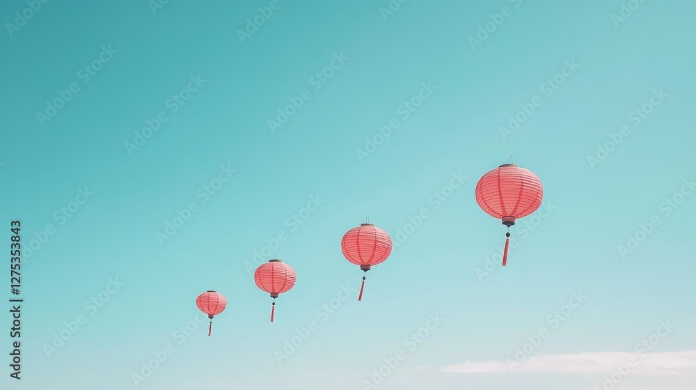 Obraz premium Four pink lanterns ascending against a clear blue sky.