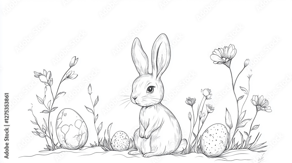 Obraz premium An Easter-themed line drawing features a bunny, an egg, and flowers in a field.