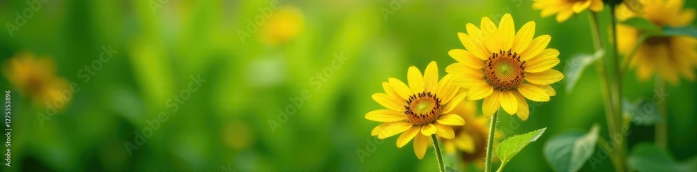 Fototapeta premium Bright yellow sunflowers against a lush green leafy background, garden, sunshine
