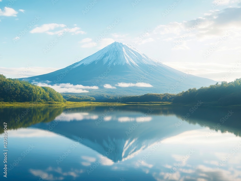 Serene Mount Fuji reflection in a tranquil lake at sunrise showcases the beauty of Japanese nature. Serene Mount Fuji reflection in a tranquil lake at sunrise showcases the beauty of Japanese nature.