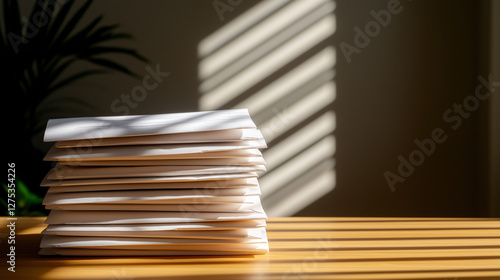 Neatly stacked envelopes on wooden table with shadows and natural light